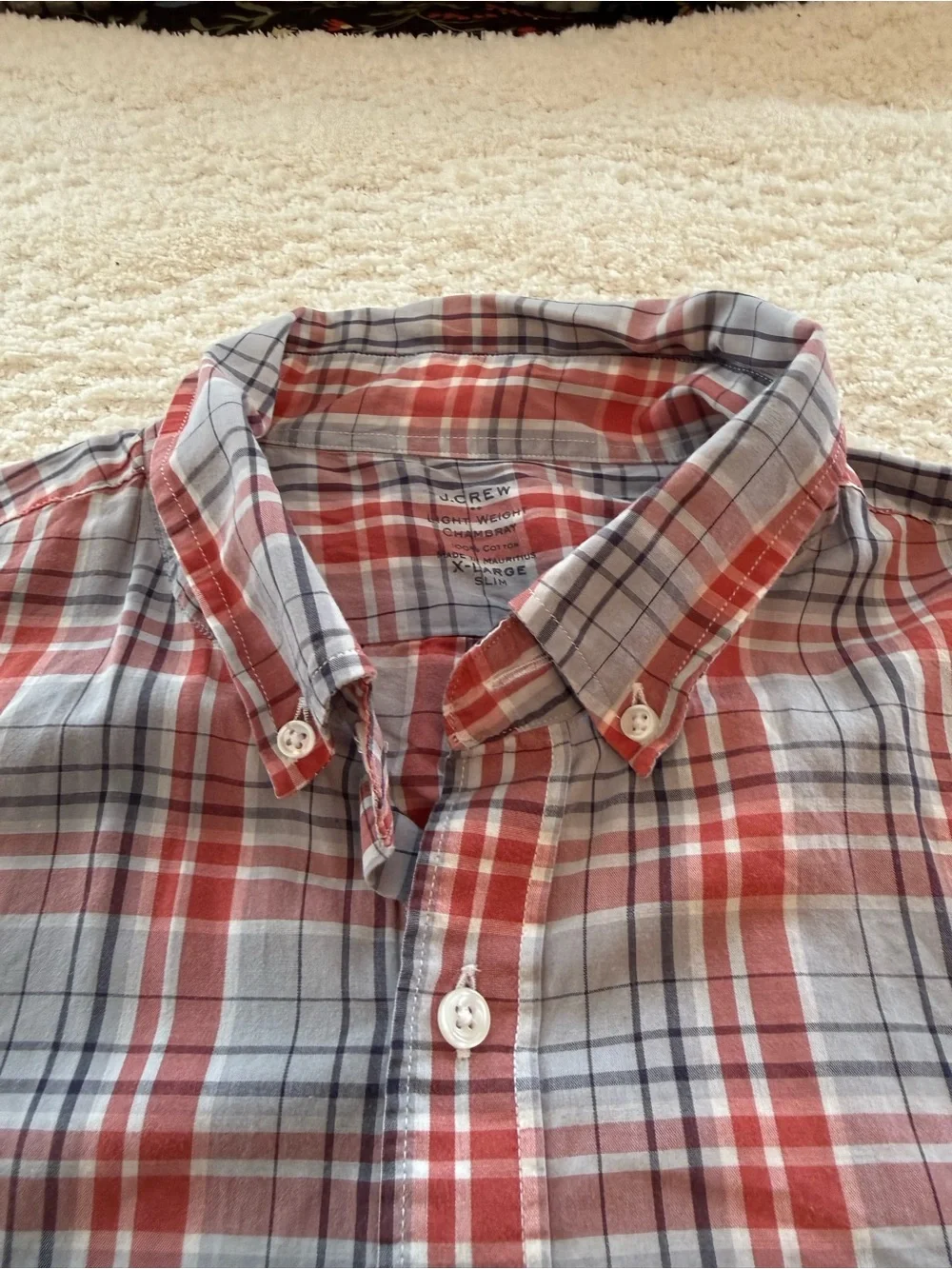 J. Crew Red and Gray Plaid lightweight chambray Button-Down Shirt
